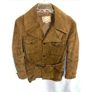 Weathercaster Men’s Corduroy Coat Size Medium Brown Fleece Lined Belted Outdoors